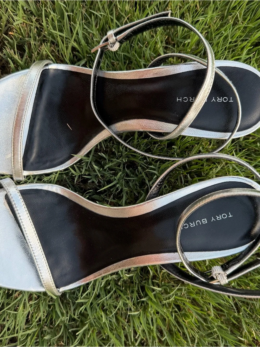 Tory Burch Silver Metallic Ankle-Strap Stiletto Sandals